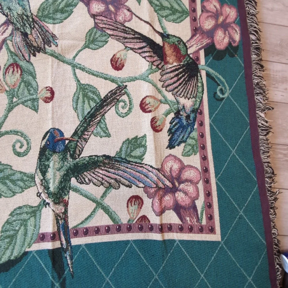 Dan Gilbert Hummingbird Tapestry Throw Blanket Teal Floral Fringe Cottagecore